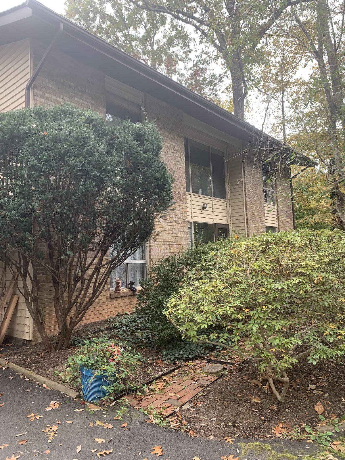 Brick split-level home in Northern Virginia before renovation, with overgrown shrubs and dated exterior